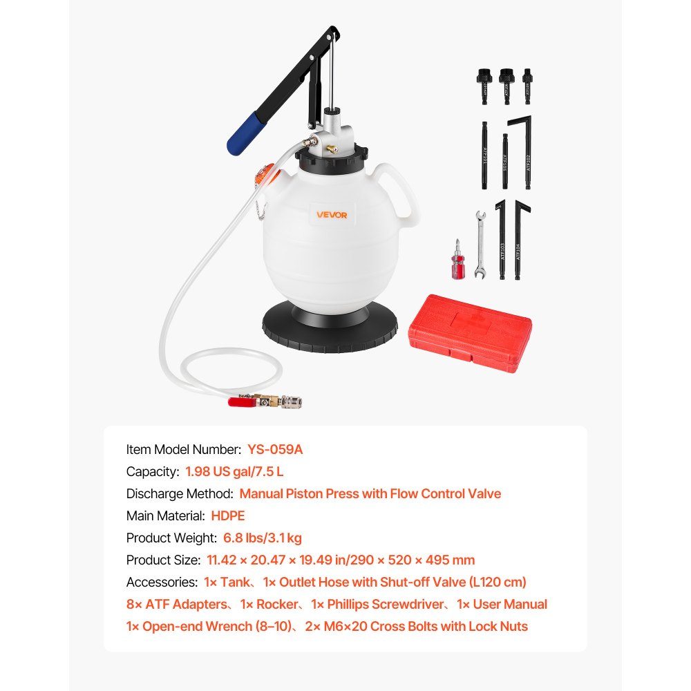 Gear Oil Pump 7.5L Capacity Manual ATF Oil Filler with 8 ATF Adapters and 120cm Outlet Oil Suction Pump with HDPE Tank for Cars and Lawnmowers