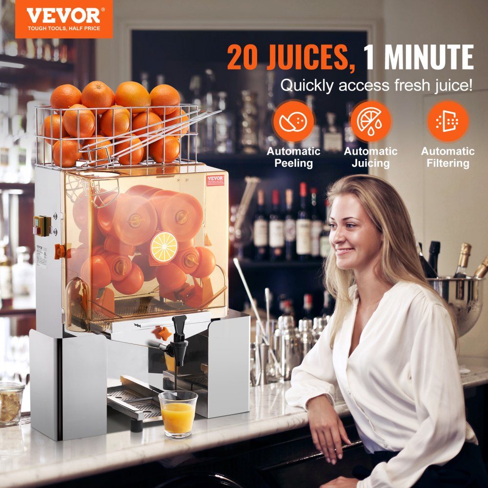Kommerzielle Orangenpresse, halbautomatische 120-W-Entsafter, Edelstahl-Orangenpresse für 20 Orangen pro Minute, mit Wasserhahn und PC-Abdeckung, kommerzielle Zitruspresse, elektrische Zitruspresse