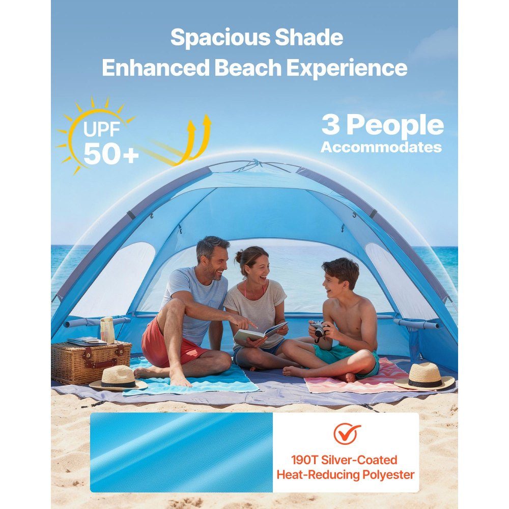 Strandtent Zonnescherm voor 3 personen, UPF 50+ bescherming, draagbare strandtent met draagtas en grondankers, lichtgewicht strandparaplu voor kamperen, vissen, picknicken, zonnetent
