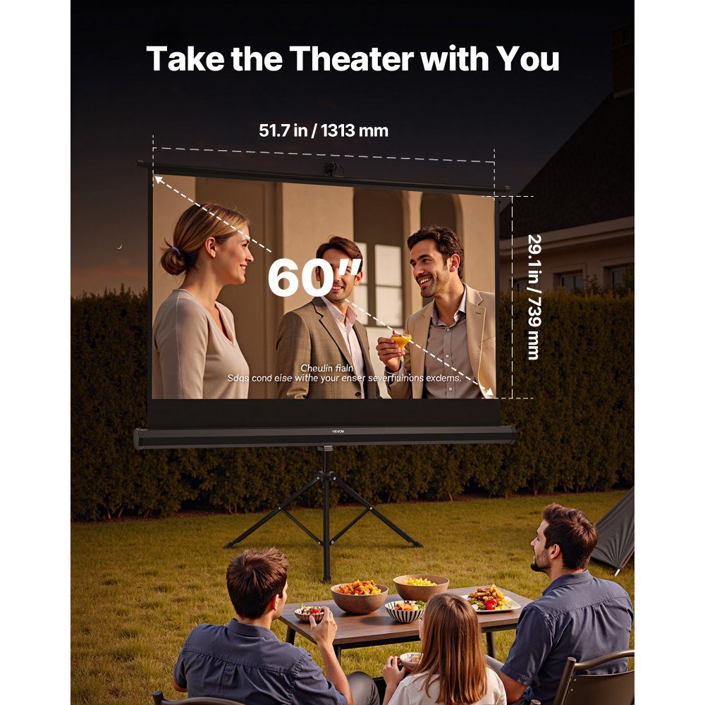 Projection screen tripod screen (60 inches) with 160° wide angle, projector screen for indoor and outdoor projectors 16:9 4K HD, portable film screen with carrying bag for home cinema presentation