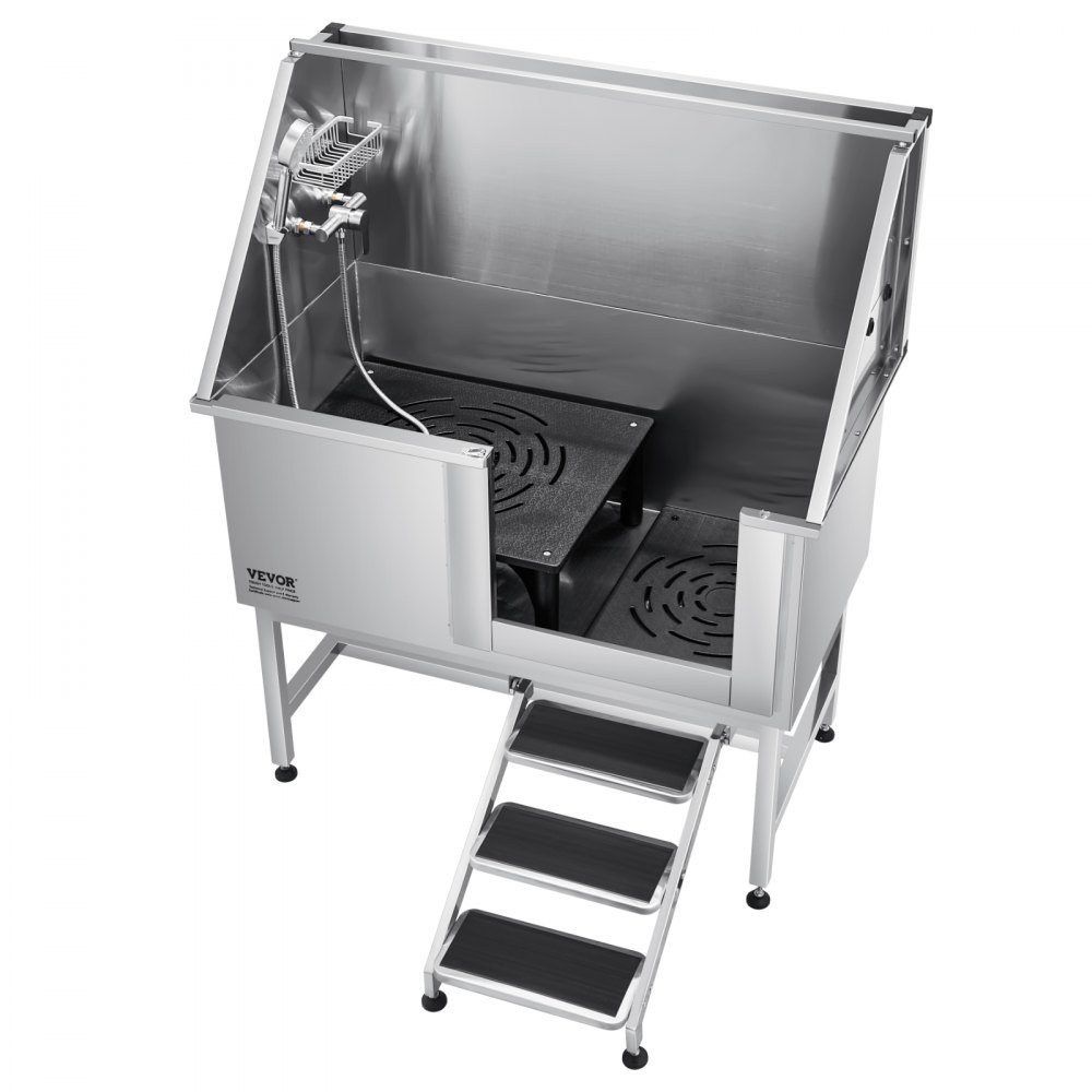 Station de lavage pour chien en acier inoxydable, baignoire de toilettage pour animaux de compagnie, 1270 x 700 x 1545 mm, avec escalier, plaque de filtre à eau en PE, robinet, pomme de douche et porte-savon pour animaux de grande, moyenne et petite taill