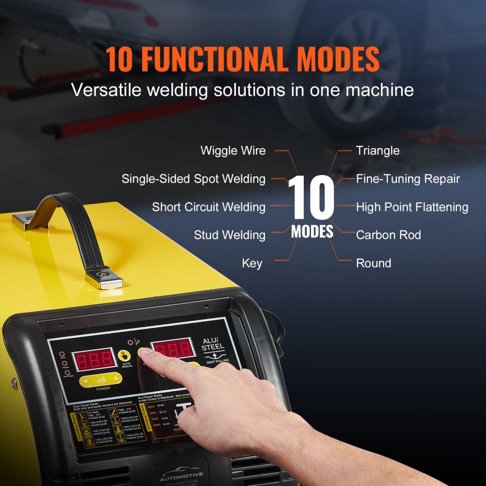 Dual Dent Spotter Deluxe AL/Fe deukreparatieset, 5 kW lasapparaat met automatisch/handmatig lassen en 10 modi, puntlasapparaat voor reparatie van auto-onderdelen van staal en aluminium