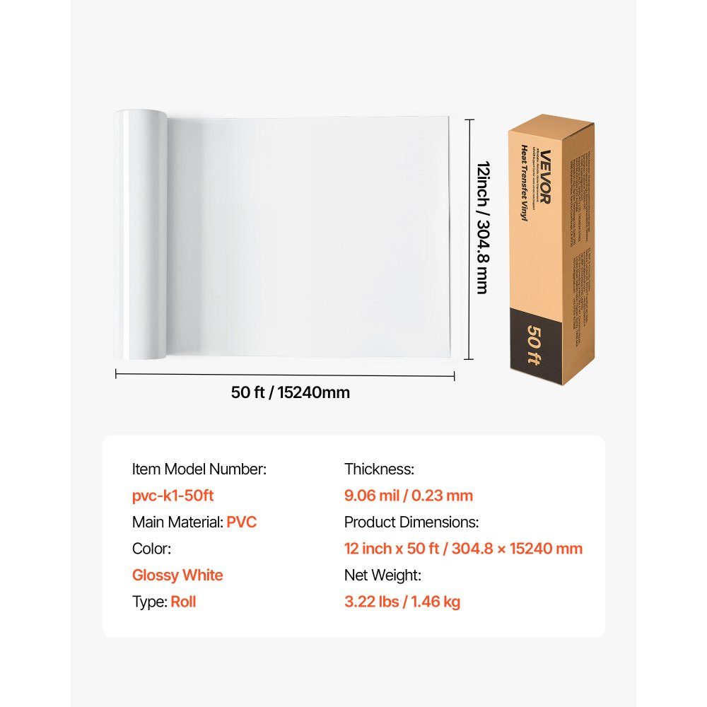 Vinyl Film Heat Transfer Transfer Film (304.8 x 15240mm) Gloss White HTV Iron On Vinyl Roll Compatible with Cutting Machines for Various Materials T-Shirts Cushions Hats