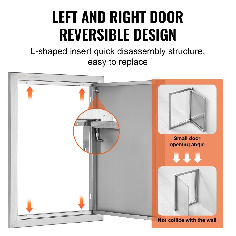 Grill Access Door 432x610mm Single Outdoor Kitchen Door Flush Mount Stainless Steel Door Vertical Wall Door with Retractable Handle for Grill Island Grill Station Outdoor Cabinet