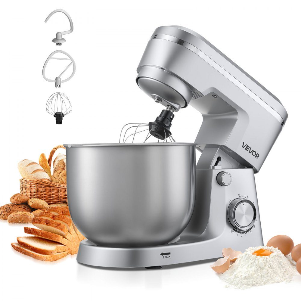 Knetmaschine Küchenmaschine zum Backen, 1500-W-Teigmaschine mit Edelstahlschüssel (5,7 l) & Knethaken & Rührbesen & Schneebesen, 10-Gang-verstellbarer Kippmixer Standmixer