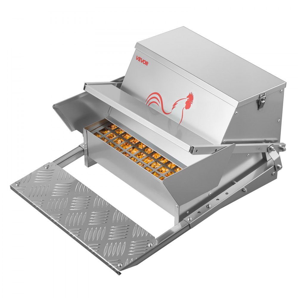 Futterautomat 11,3 kg Fassungsvermögen, Hühnerfutterautomat mit Trittklappen und verschließbarem Deckel, Futterspender aus verzinktem Stahl, Futtertrog für Hühner, Zwerghühner, Geflügel
