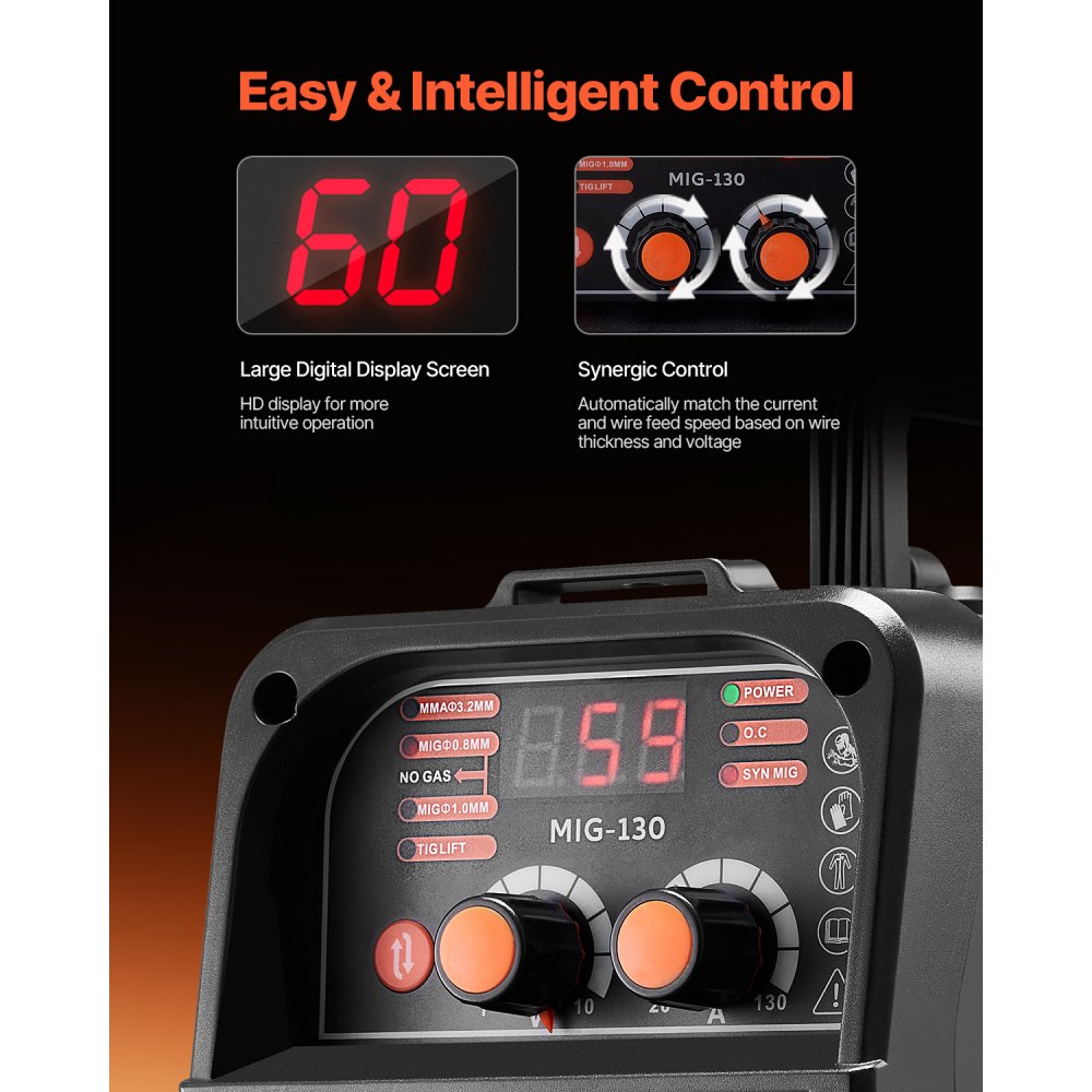 MIG Welder, 130A Synergic MIG Welding Machine, 3 in 1 Flux Core MIG/MMA/Lift TIG Multi-Process Welder, Welder with IGBT Inverter Technology and Digital Display Screen