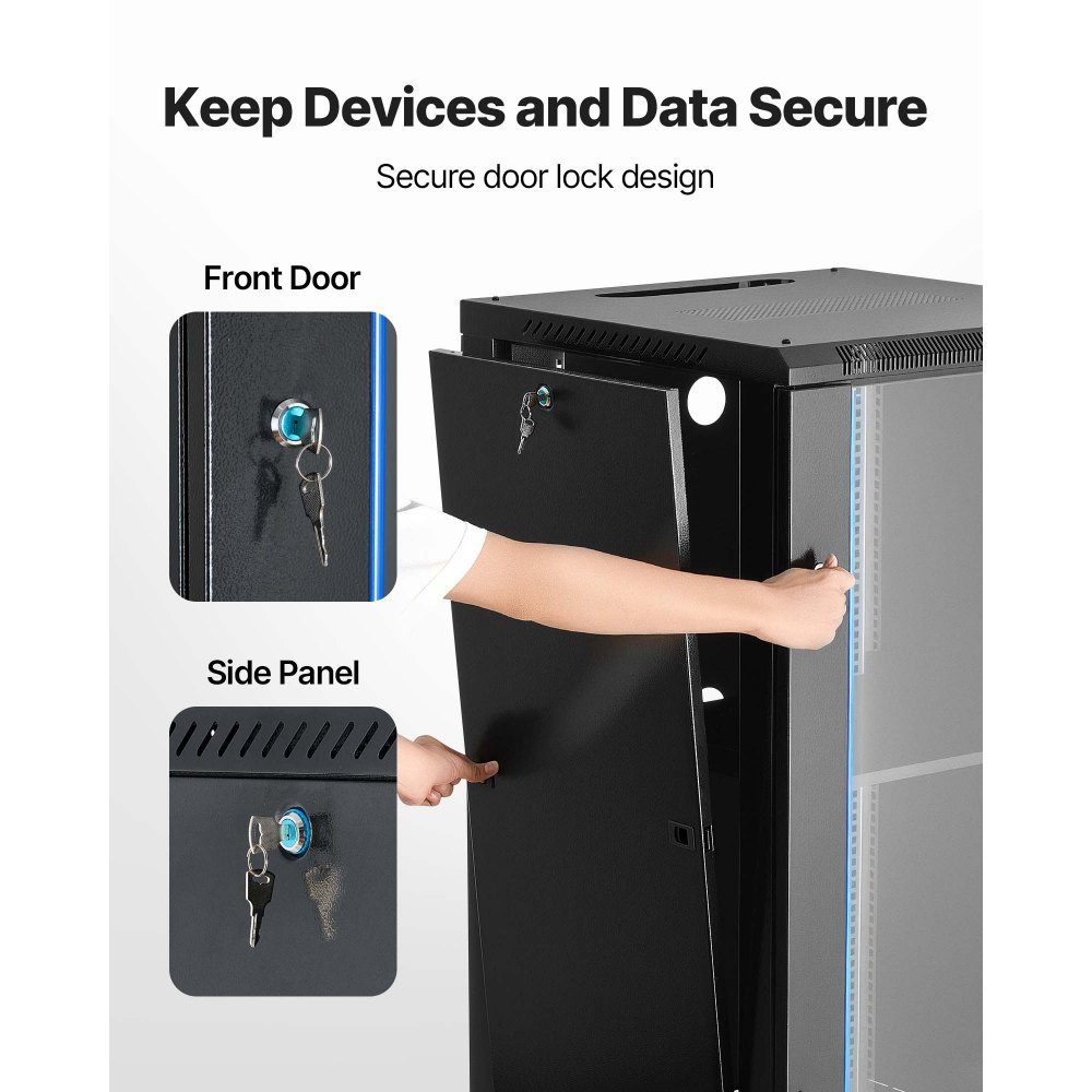 22U-Netzwerkschrank, 600 mm Tiefe, 136 kg maximale Tragfähigkeit, Serverschrank-Rack-Gehäuse mit abschließbarer Tür aus gehärtetem Glas, Seitenwände, Server-Rack für IT-Geräte, A/V-Geräte
