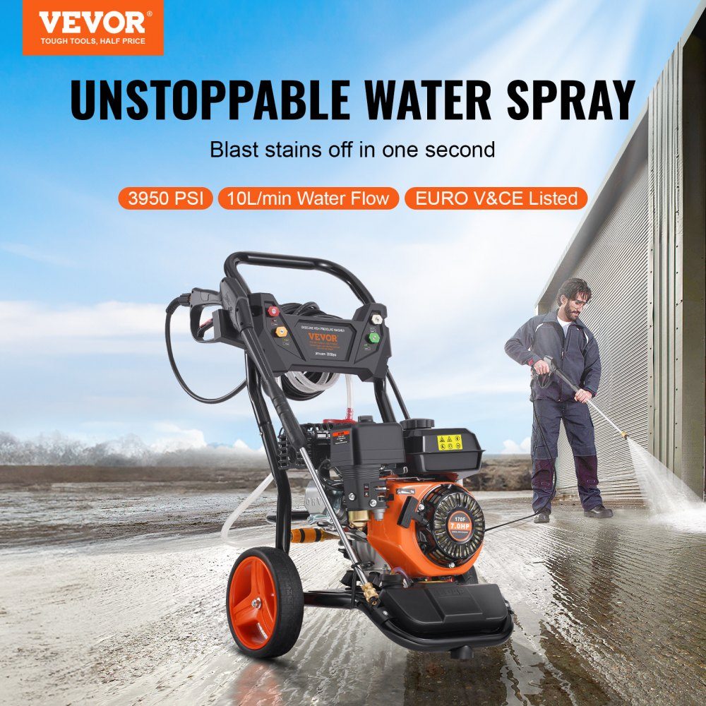 Myjka ciśnieniowa benzynowa, 3950 PSI, 10 l/min, 2,6 GPM Środek do czyszczenia tarasów z miedzianą pompą, pistoletem ciśnieniowym i rurką przedłużającą, zestaw 5 dysz, do samochodów, ogrodzeń, domów, podjazdów i tarasów