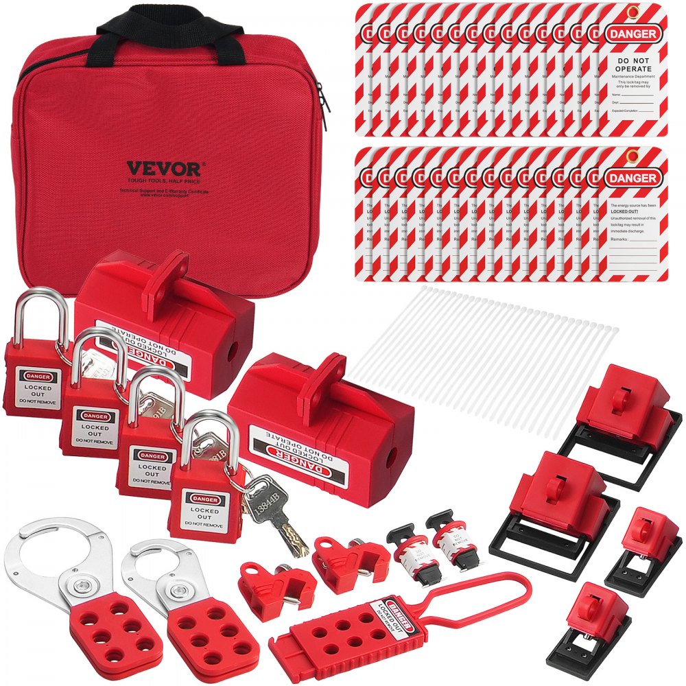 Elektrische vergrendeling Tagout-set, 47-delige Loto-beveiligingsset met hangsloten, grendels, tags, nylon riemen, stekkervergrendelingen, stroomonderbrekervergrendelingen en draagtas