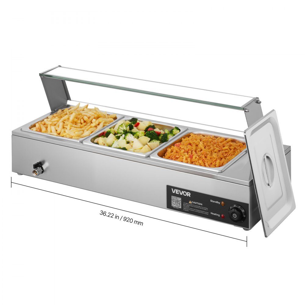 Chauffe-plats professionnel avec couvercle en verre et 3 récipients (taille 1/2) 1,5 kW Réchauffeur de buffet en acier inoxydable, récipient de buffet, bain-marie, station de réchauffement des aliments pour restaurants, fêtes, buffets
