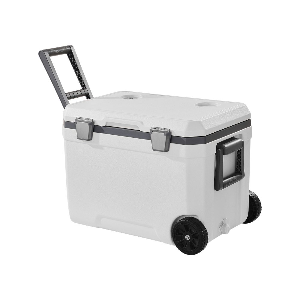 Draagbare koelbox (45 Qt / 64 blikjes) met ijsopslag en stevige handgrepen en bekerhouder, geïsoleerde draagbare koelbox gemaakt van stevig materiaal, geschikt voor familiepicknicks en lange reizen