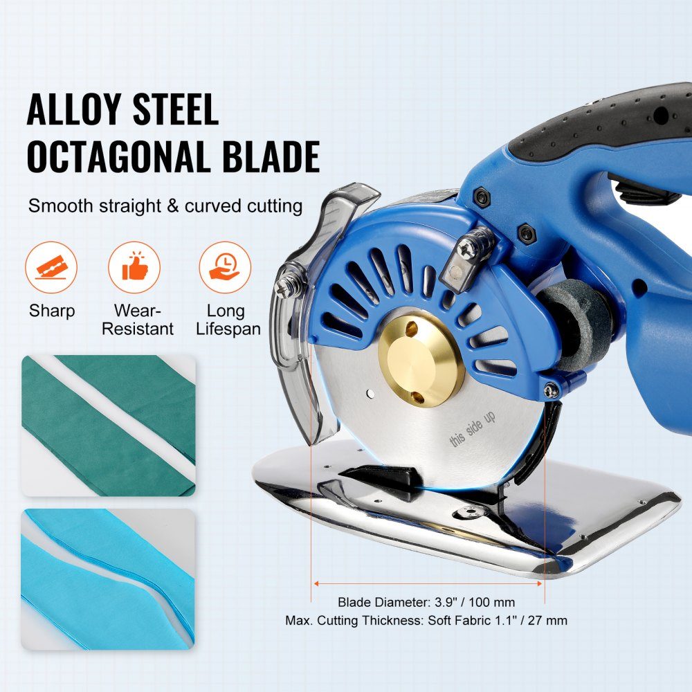 Portable Fabric Cutter 150W Electric Industrial Fabric Cutter Blade Size: 100mm Maximum Cutting Thickness: 27mm Cordless Fabric Scissors Made of Alloy Steel Ideal for Fabric, Cloth, etc