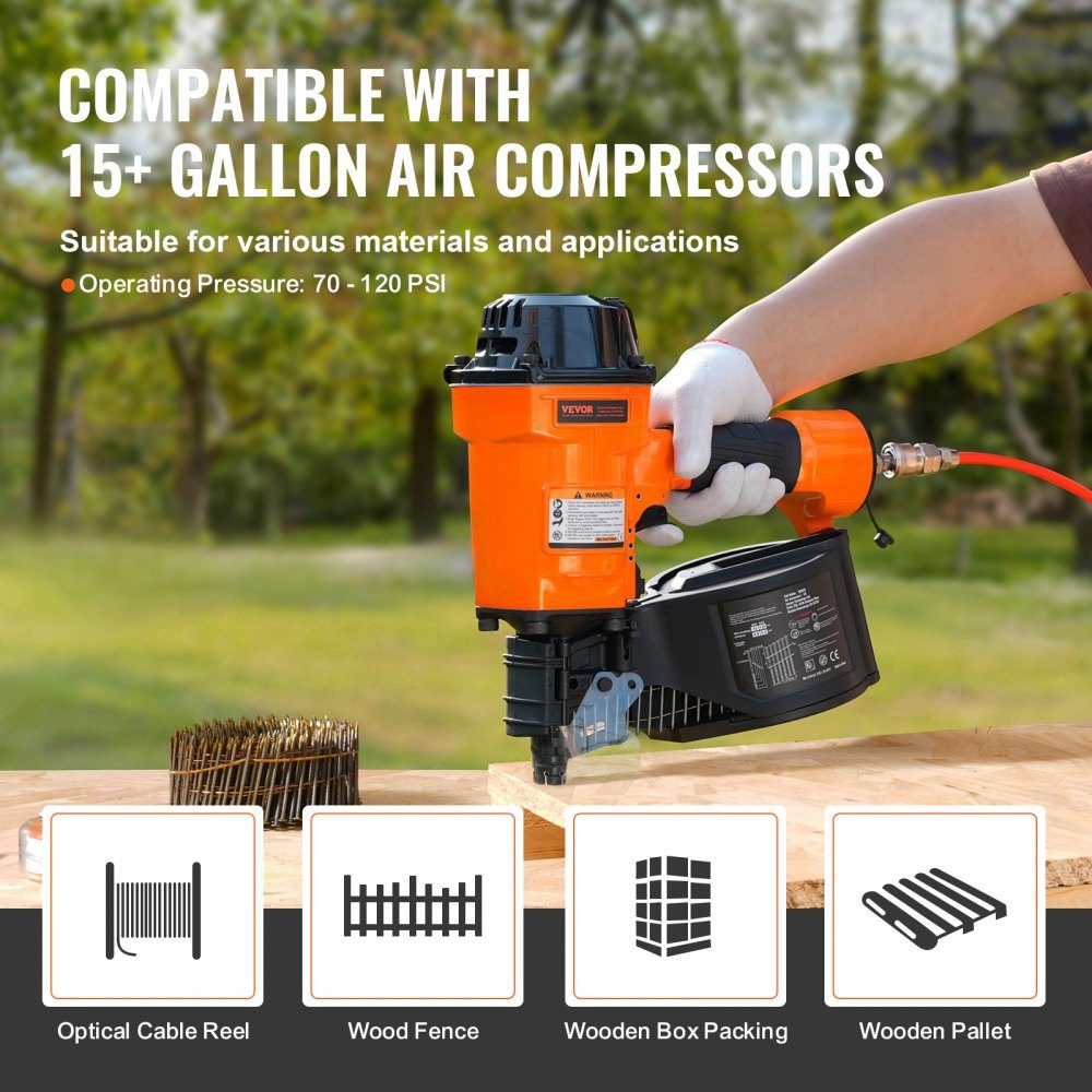 Rolspijkermachine MCN70, 1-3/4" tot 2-3/4" 15 graden pneumatische trimspijkermachine, 70-120PSI luchtspiraalspijkermachine voor pallets, dozen, frames, panelen en omheiningen