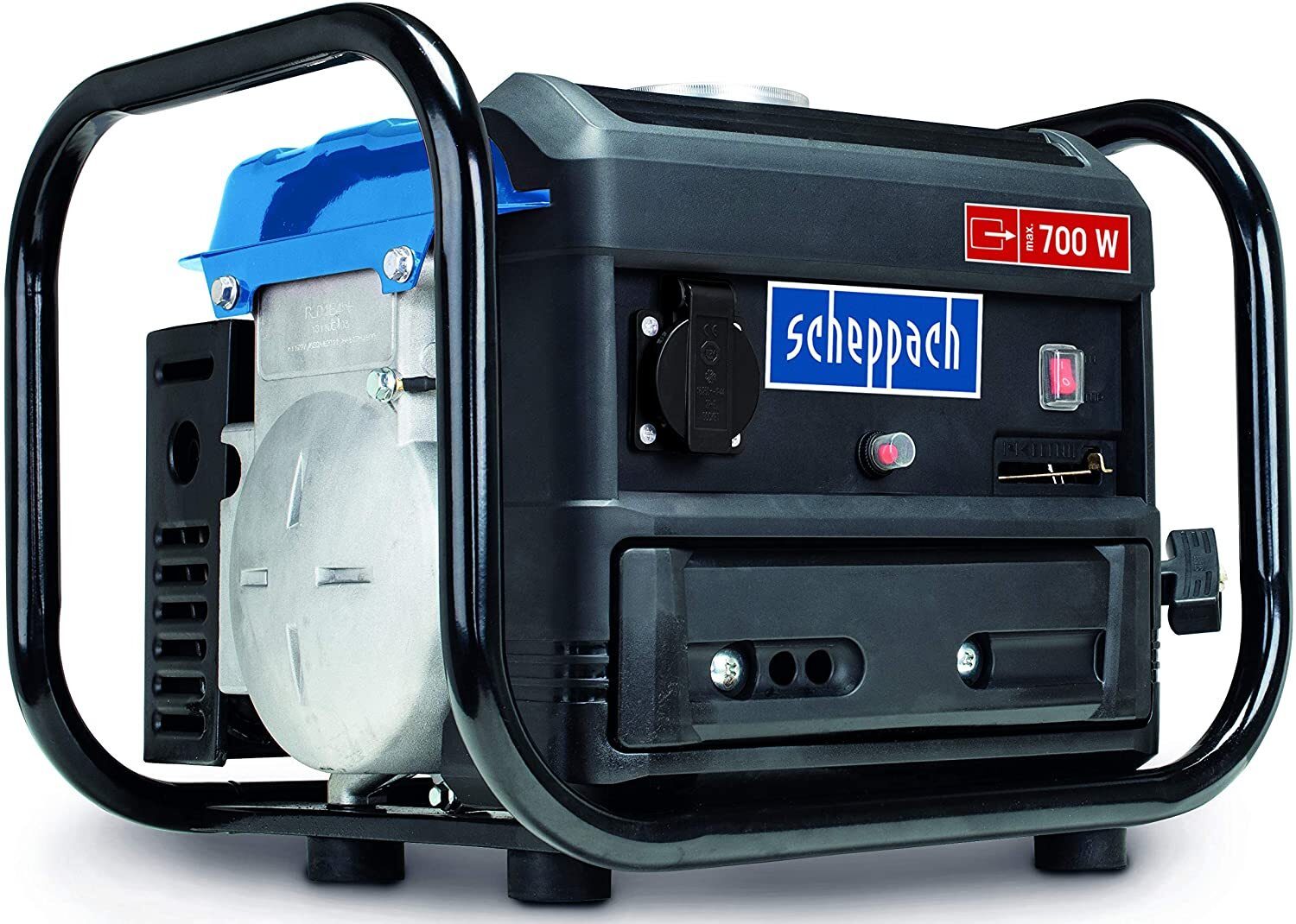 Scheppach Benzingenerator (Stromerzeuger max. 700 W, 4 Liter Tank, leicht und kompakt, einfacher Transport des Notstromaggregats, Gummifüße, Tragegriff, Seilzugstarter)