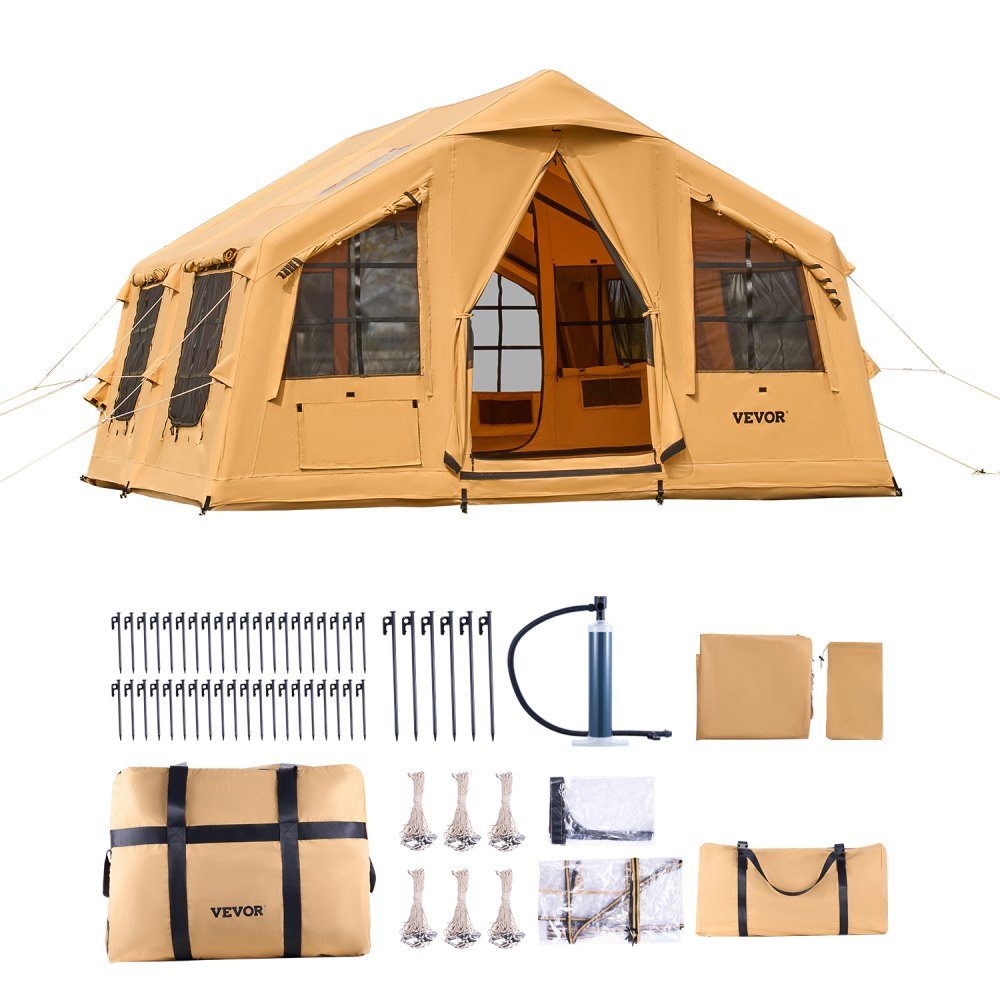 Opblaasbare kampeertent voor 8-12 personen met handpomp, glampingtent van 4,8 x 3,6 x 2,2 m met 2 dakramen, luifel, kachelaansluiting, 2 deuren en gaasramen, opbergtas