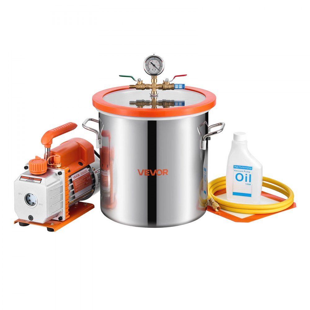 Vakuumpumpe mit 11,4 l Vakuumkammer, 3,5 CFM 99 l/min, 1-stufige Vakuumpumpe 180 W, Vakuumpumpen-Set, 1,5 m Schlauch, zum Stabilisieren von Holz und Entgasen von Silikonharz
