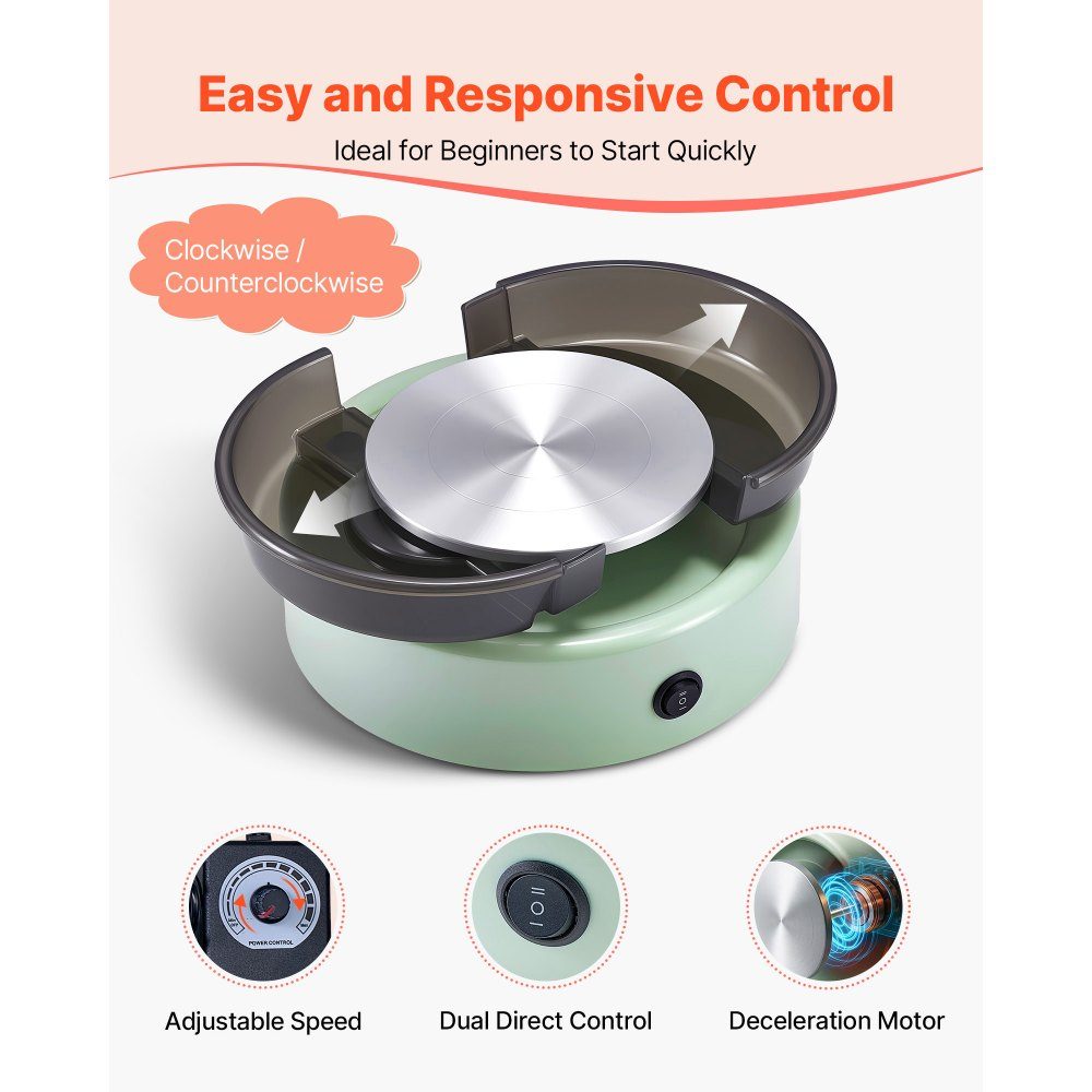 Mini Pottery Wheel Machine, 158mm Adjustable Speed ​​Turntable (0-140RPM), Electric Clay Wheel with Clay Molding Tools for DIY Pottery Classes, Green Round