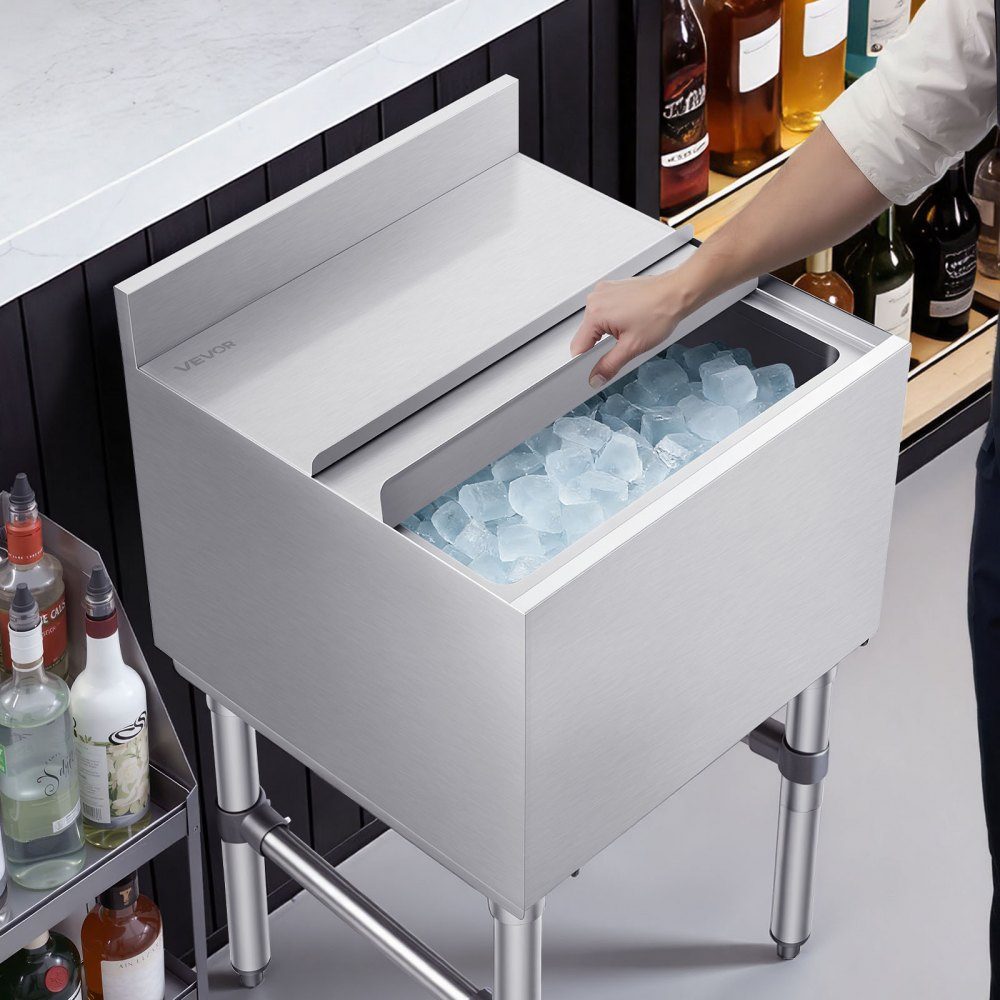 Cateringowy pojemnik na lód 46,7 l, podblatowy pojemnik na lód ze stali nierdzewnej 455 x 455 x 850 mm z przesuwaną pokrywą, uchwytami na butelki i regulowanymi nóżkami, do barów, restauracji i pubów, certyfikat NSF