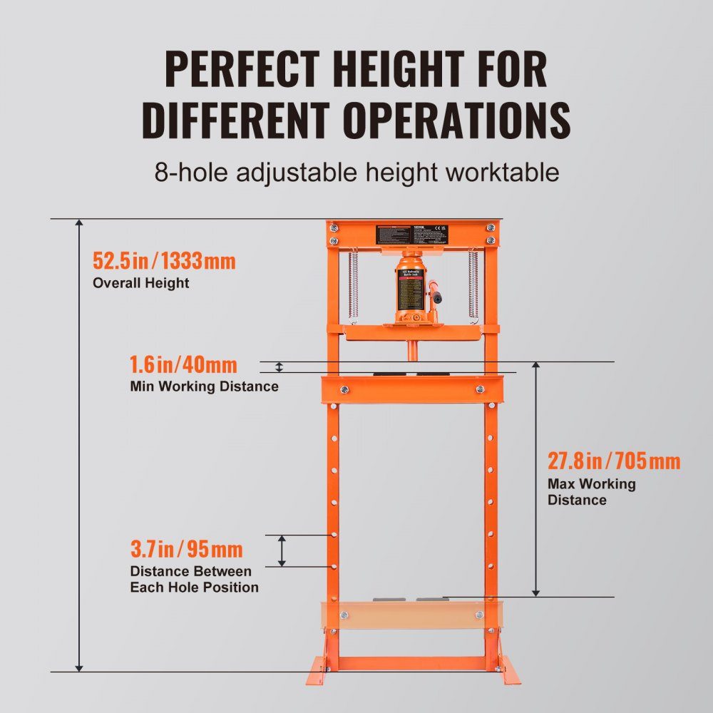 Workshop Press Hydraulic Press 12T Car Frame Press Orange 40-705mm Manual Bearing Press Carbon Steel Workshop Press for Car Bushings, Ball Joints, U-Joints etc