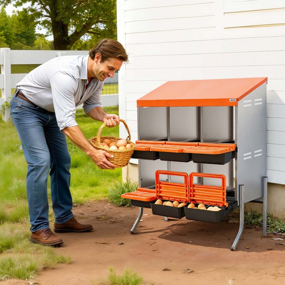 2-tier laying nest 795x525x990 mm, 6 compartments, metal chicken nest with support legs, poultry nest, roll-off nest, ideal for hens, ducks, chickens & other poultry, orange