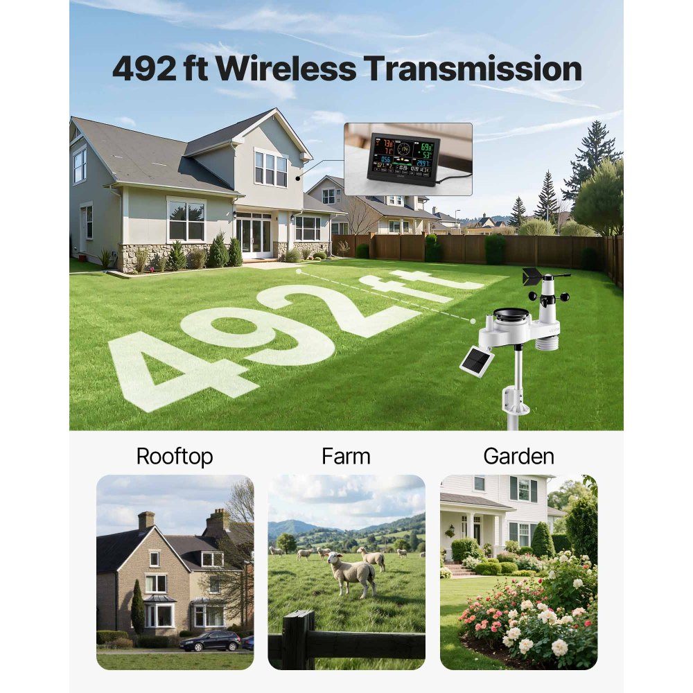 7 in 1 Wireless Weather Station, 7.5" Display, Solar Powered Outdoor Sensor, Rain Gauge, Weather Forecast, Temperature, Humidity Meter, Wind Speed ​​and Direction (No WiFi)