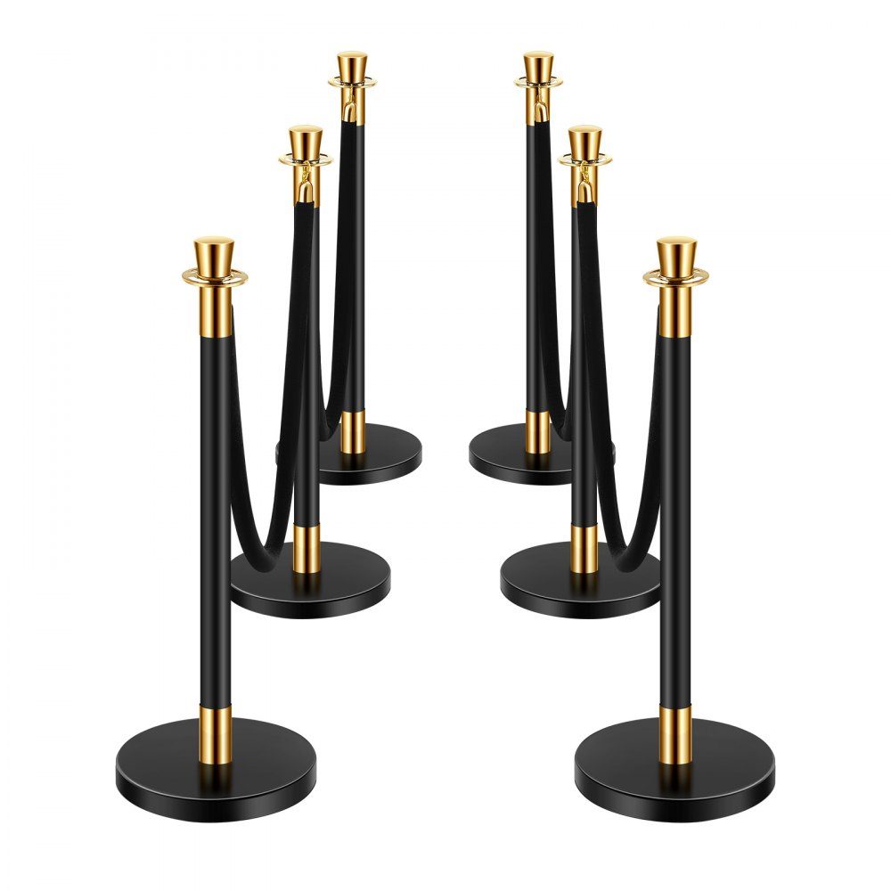 Barrier posts (6 pieces) for crowd control with 4 black velvet ropes (1.5 m long), stainless steel barrier stand with refillable base for exhibitions