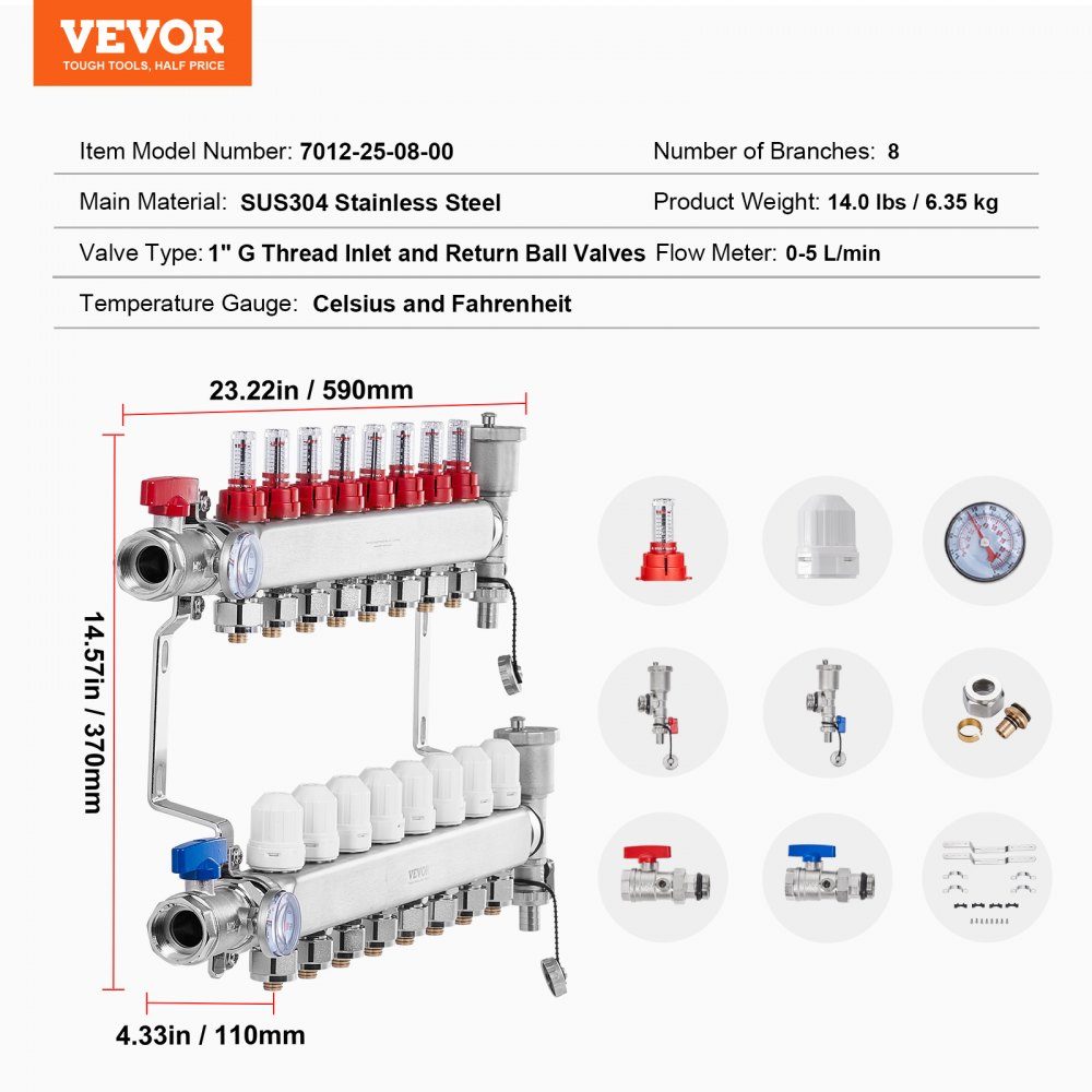 Wärmeverteiler mit 8 Zweigen, 1/2-Zoll-PEX-Rohrverteiler, PEX-Verteiler aus Edelstahl für hydronische Fußbodenheizung, Wärmeverteilungs-PEX-Verteiler-Kit mit 1/2-Zoll-Adaptern im Lieferumfang enthalten