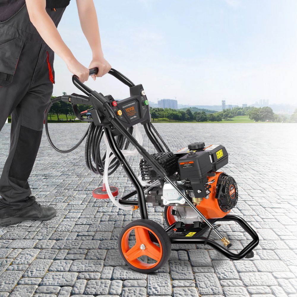 Benzin-Hochdruckreiniger 3400 PSI 2,6 GPM Terrassenreiniger 10 l/min mit Aluminiumpumpe, Druckpistole und Verlängerungsstab, 5-Düsen-Set, für Autos, Zäune, Häuser, Terrassen, vertikal