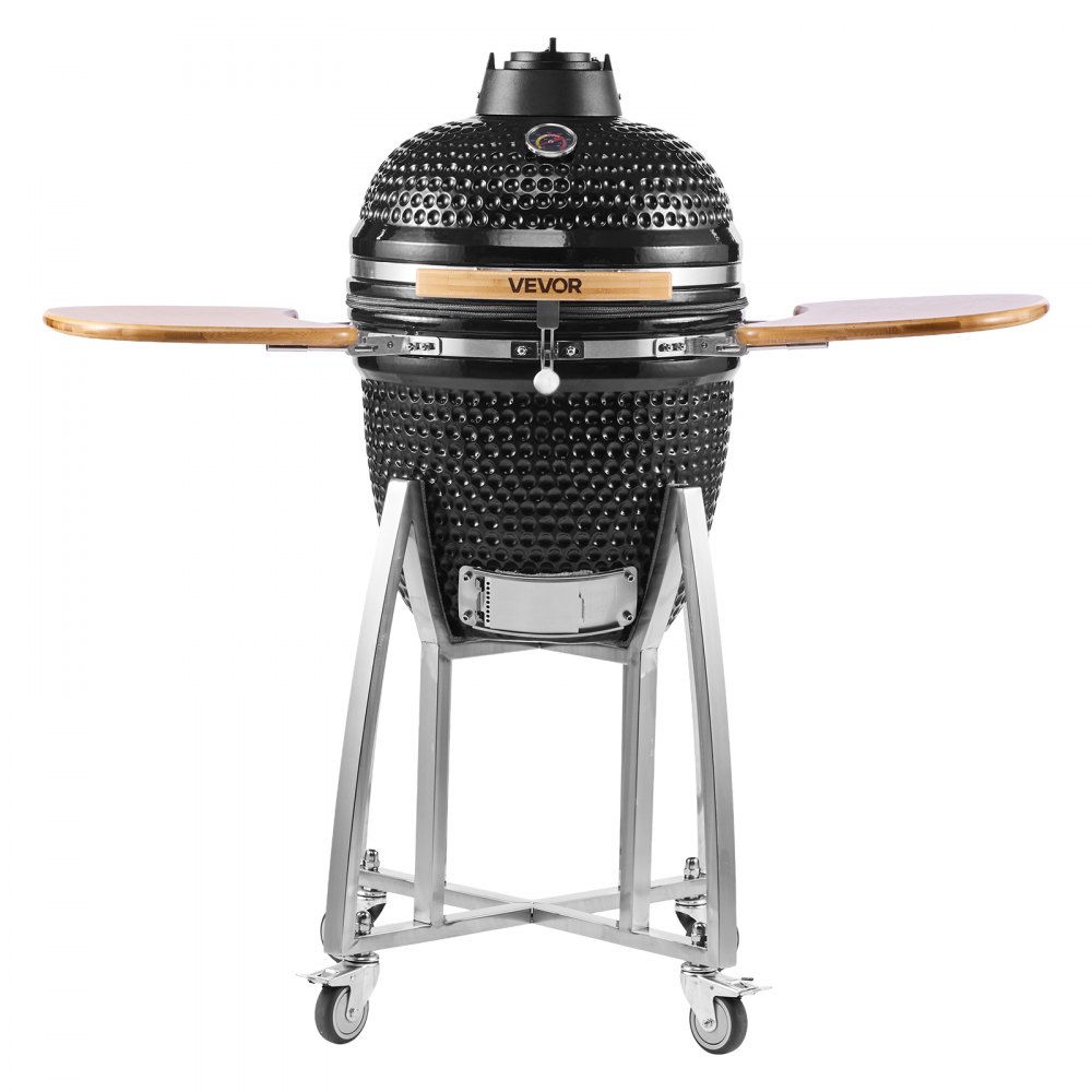 Grill Kamado, grill ceramiczny, wędzarnia Ø 450 mm, z drewnianymi uchwytami, półkami bocznymi, metalowym stojakiem z kółkami i termometrem do 400°C, górnym i dolnym przepływem powietrza, do grillowania, grillowania, gotowania i pieczenia na świeżym powiet Grill Kamado, grill ceramiczny, wędzarnia Ø 450 mm, z drewnianymi uchwytami, półkami bocznymi, metalowym stojakiem z kółkami i termometrem do 400°C, górnym i dolnym przepływem powietrza, do grillowania, grillowania, gotowania i pieczenia na świeżym powiet