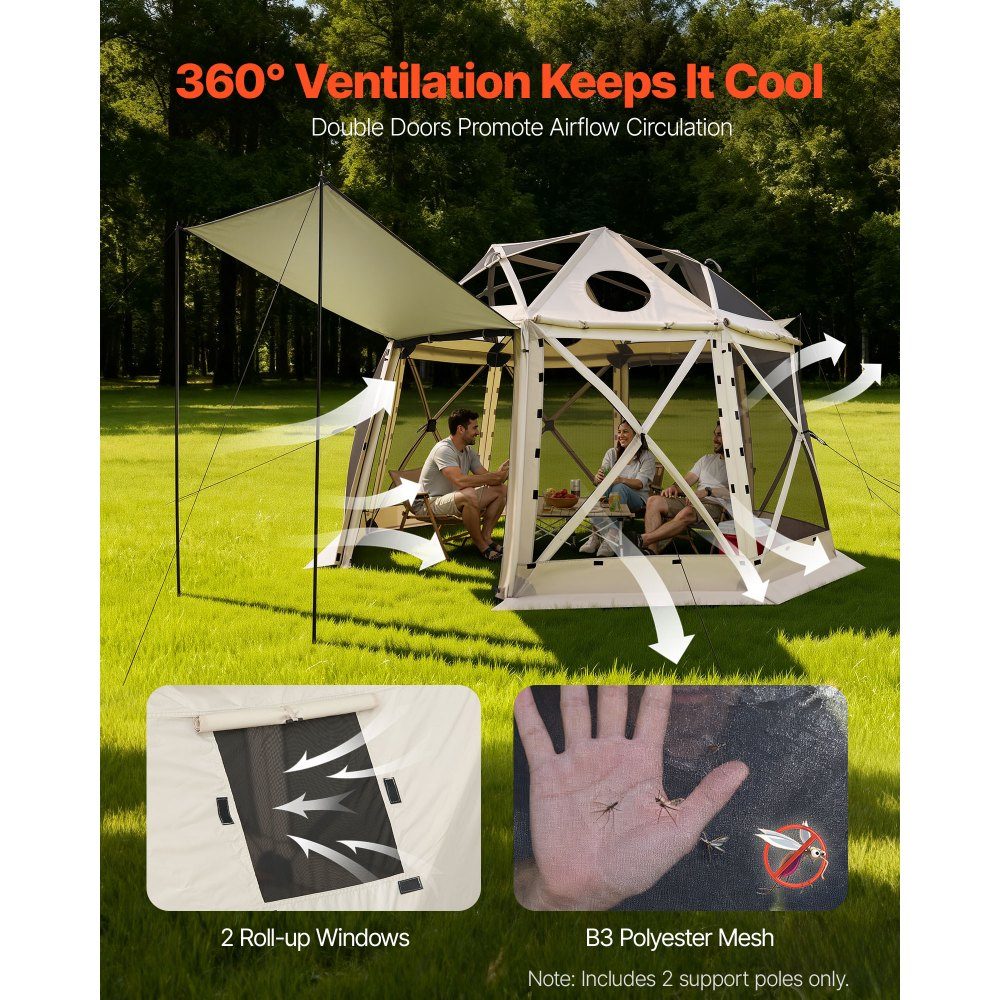 Tonnelle escamotable 3,6 m x 3,6 m, tente de camping sphérique à 13 côtés avec toit amovible et sac de transport, ventilation à 360°, pare-soleil, tente de fête pour 8 à 10 personnes, beige