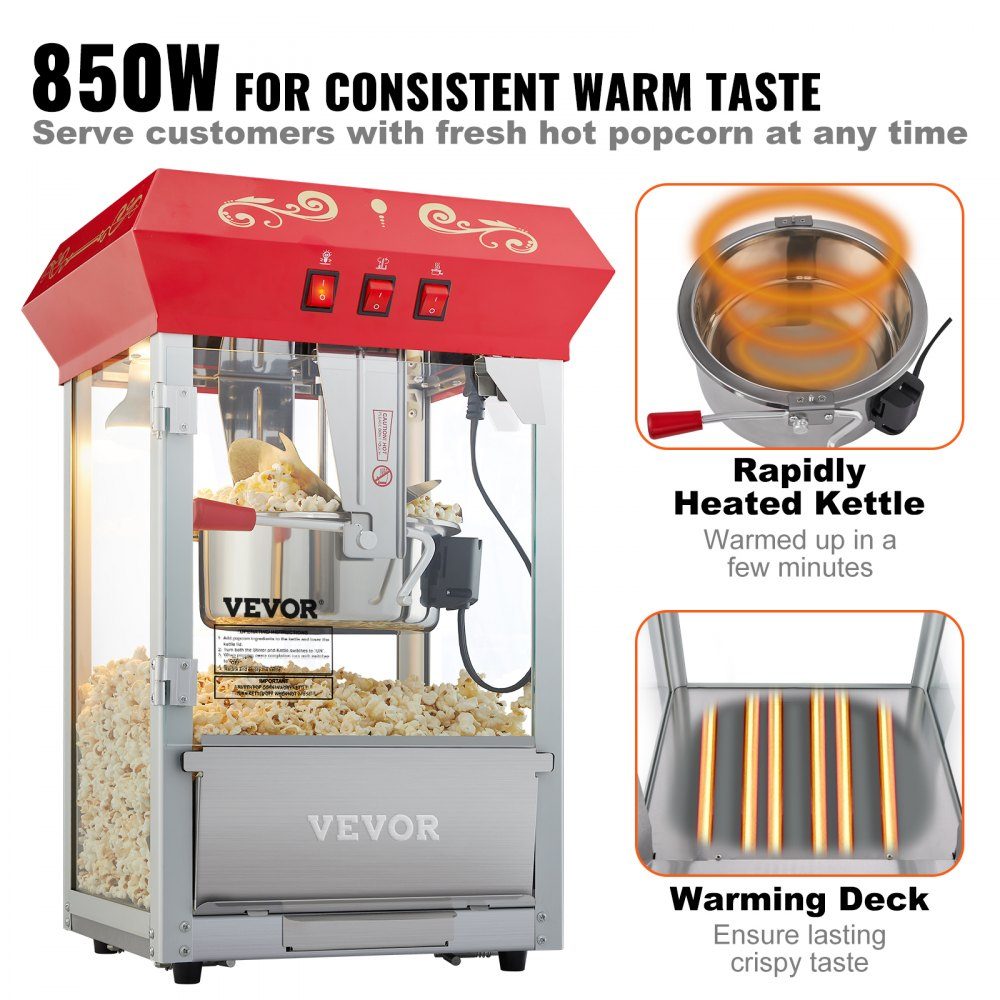 Machine à pop-corn Machine à pop-corn Machine à pop-corn 850 W, bouilloire de 8 oz pour 48 tasses par charge, machine à pop-corn de comptoir avec verre trempé, comprend une machine de style cinéma à 4 boules