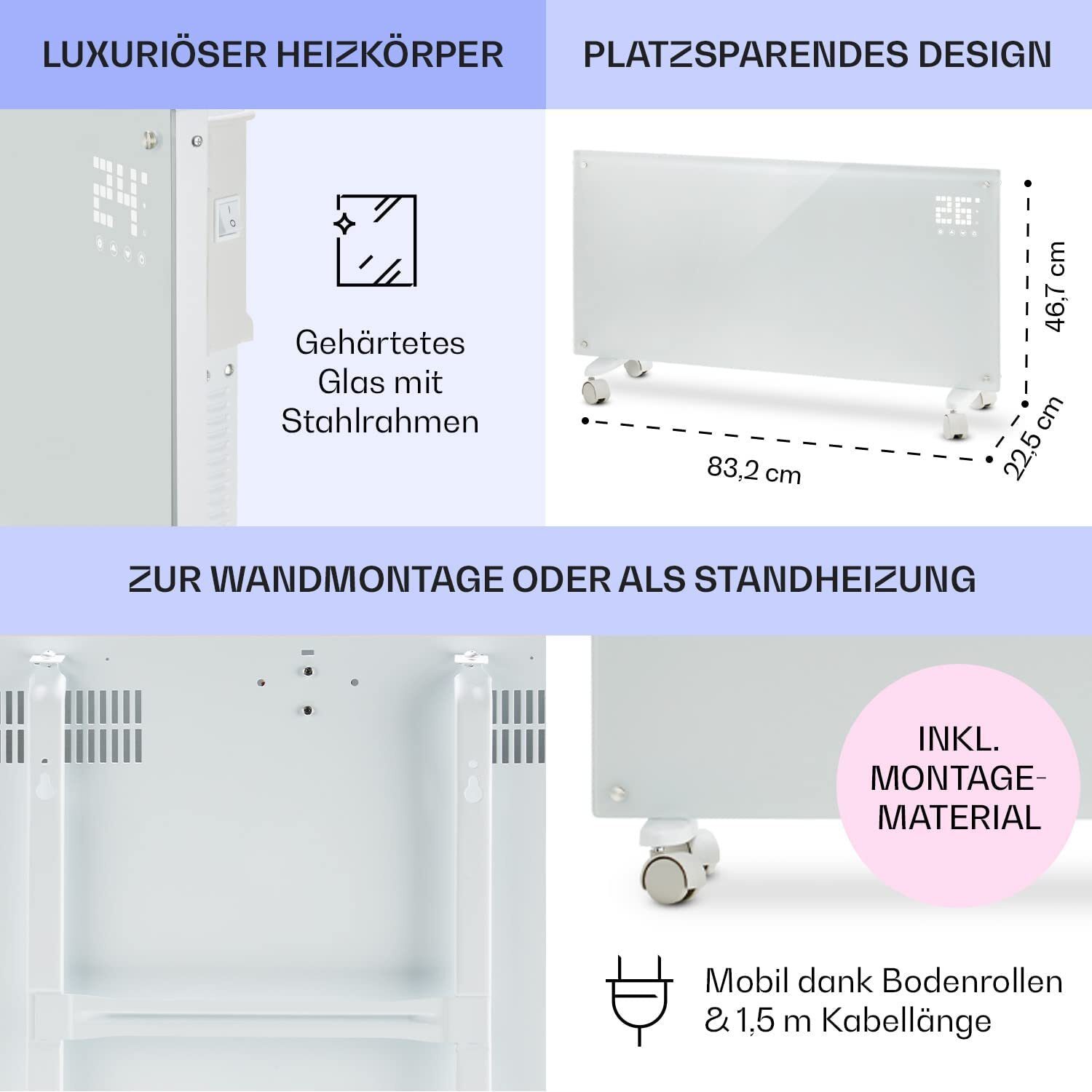 Klarstein Elektroheizung, Konvektorheizung mit Bodenrollen, mobile Elektroheizung, energiesparende, schlanke, leise Elektroheizung, freistehender Elektroheizkörper mit Thermostat, 2000 W