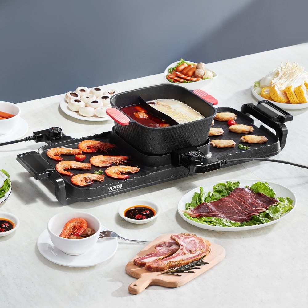 Hot Pot 2300 W 2-in-1 elektrischer rauchfreier Grill, abnehmbarer Shabu-Shabu-Topf mit Antihaft-Pfanne, separate Doppeltemperaturregelung, koreanischer Indoor-BBQ-Grill für 1–6 Personen