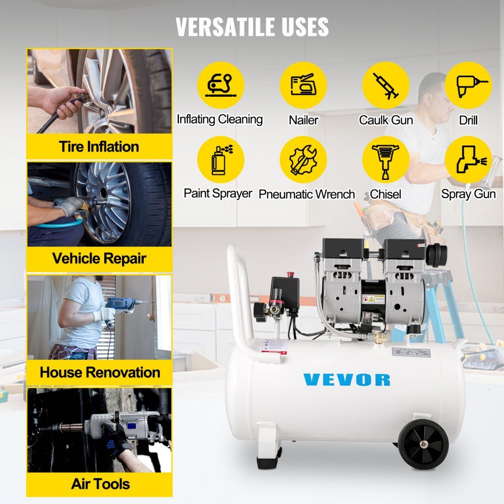 Whisper compressor 50 L, quiet oil-free compressor 750 W, oil-free air compressor 68 dB, compressed air compressor 230 V, quiet compressed air boiler 170 L/min exhaust air volume, with built-in exhaust fan