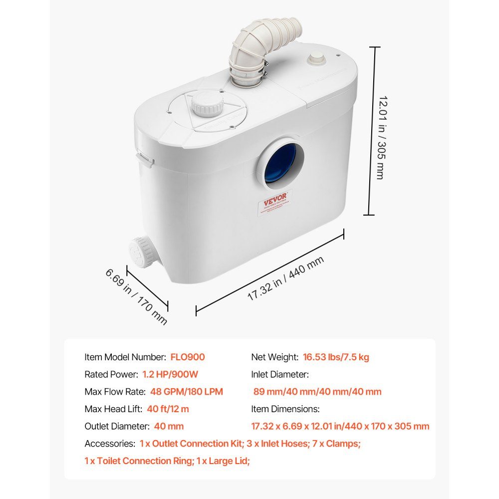 Système de relevage, 900 W, débit 180 L/min, hauteur de refoulement 12 m, système de relevage des eaux usées avec 4 arrivées d'eau, pompe eaux usées pour WC, cave, douche, lavabo, buanderie, baignoire