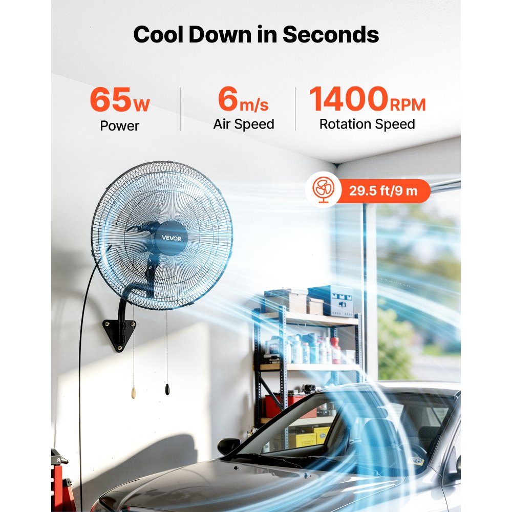 65W Industrial Wall Fan 57cm 6m/s Oscillating Wall Fan with 3 Levels and Adjustable Tilt Angle Commercial Industrial Fan for Workshop Garage Warehouse Gym Black