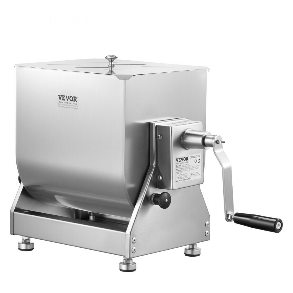 Manual meat mixer, meat processing device with tilting container (maximum mixing of 13.61 kg of meat), meat mixer, sausage mixer with reduction gear, hand mixer for minced meat