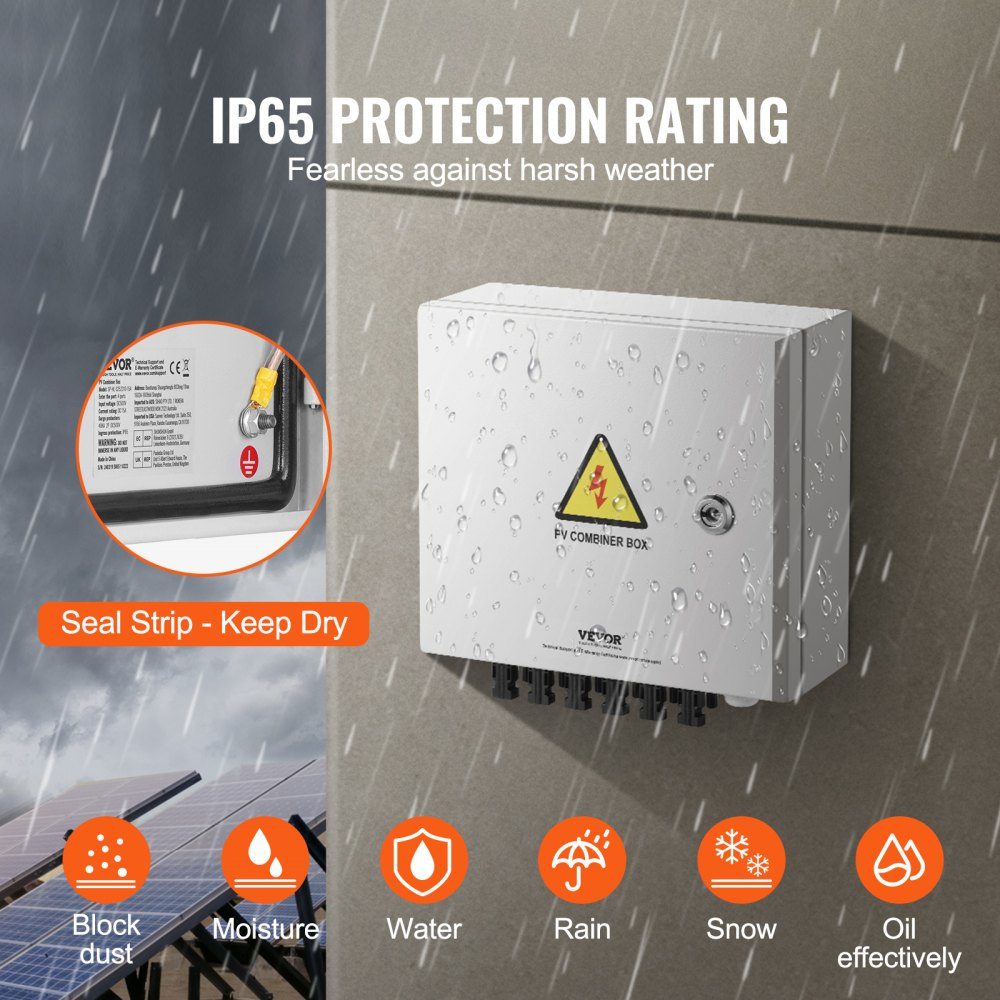 PV-opvangbox, 6 strings, zonne-opvangbox met 15-A-Nennstromsicherung, 125A stroomonderbreker, bliksemafleider en zonneconnector, stalen behuizing voor on/off grid zonnepaneelsysteem, IP65