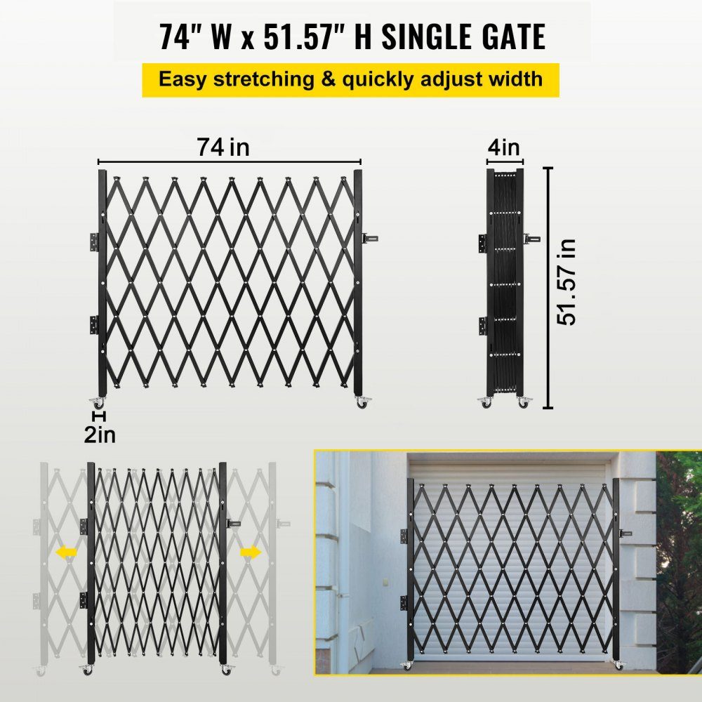 Single security gate, folding door gate, steel accordion security gate, 190×131cm (W×H) expandable security gate, 360° rolling barricade gate, scissor gate or padlocked door