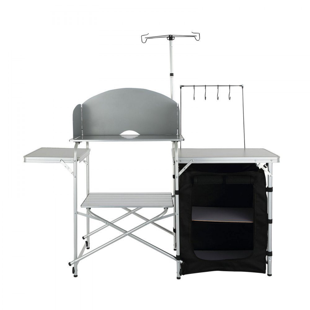 Cuisine de camping d'extérieur pliable 78 x 49 x 13 cm, armoire de camping en aluminium, cuisine de camping avec protection contre le vent, meubles de camping, cuisine de voyage incl. crochets et poteau de lampe 66-121 cm, placard de cuisine, table de cam