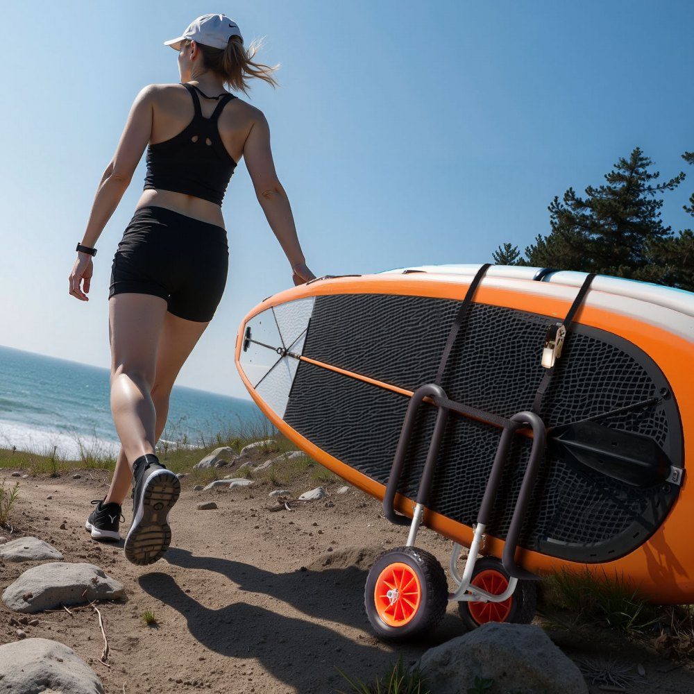 Transportwagen, 68 kg, Stand Up Paddle Board Trolley mit 25,4 cm Vollgummireifen, Schaumstoffpolsterung, Spanngurt, ideale Transporthilfe für Paddleboards und Surfbretter, 520 x 500 x 680 mm