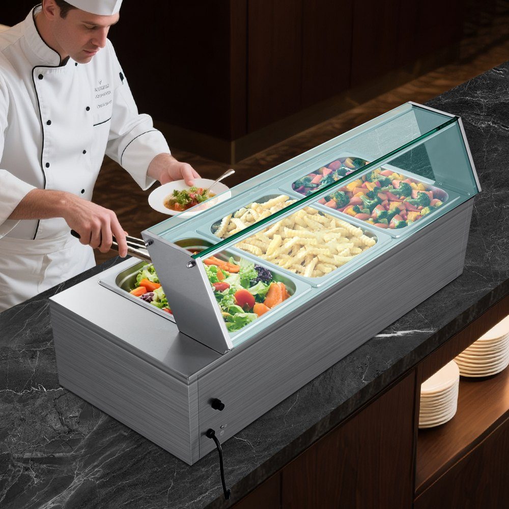 Commercial Food Warmer (3 Size 1/2 Containers), 1.5KW Stainless Steel Electric Warming Container with Glass Cover and Soup Ladle, Chafing Dishes for Catering Restaurant Parties