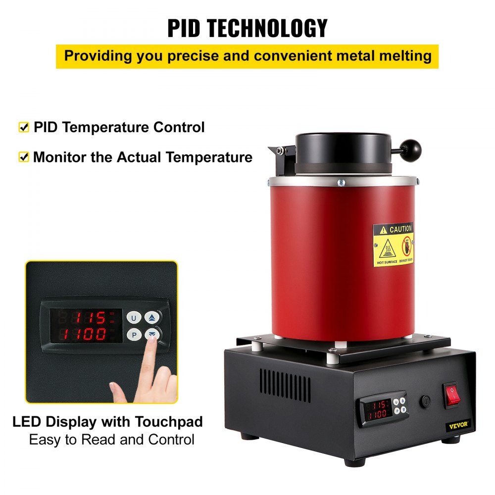 Goldschmelzofen 1350 W, 1150 ℃ max. Temperatur, digitaler elektrischer Schmelzofen, 3 kg Keramiktiegel mit Barrenmatrize und Handschuhen, für die Verarbeitung von Gold, Silber, Kupfer, Aluminium, Rot