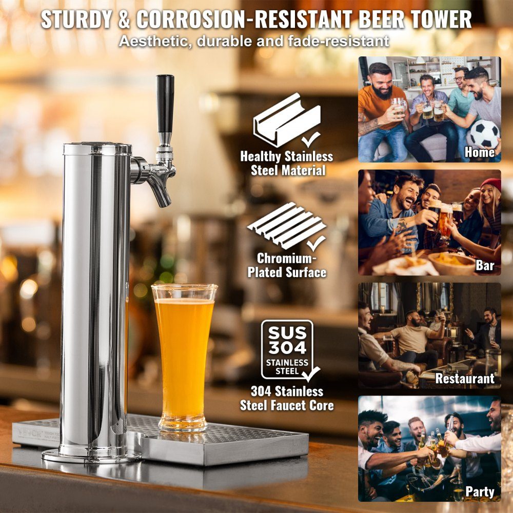 Beer Tower Kit, Single Tap Beer Conversion Kit, Stainless Steel Beer Tower Dispenser with Dual Gauge W21.8 Regulator and S System Keg Coupler, Beer Drip Tray for Home Party