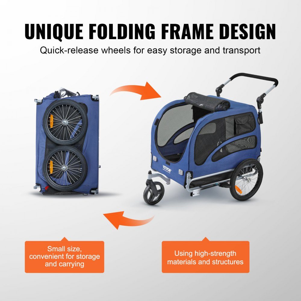 Hundeanhänger 45 kg 2-in-1 Fahrradanhänger Kohlenstoffstahl + 600D Oxford-Gewebe + PP faltbar 1440 x 725 x 845 mm als Anhänger 1320 x 725 x 920 mm als Kinderwagen Hundebuggy Jogger Anhänger Blau