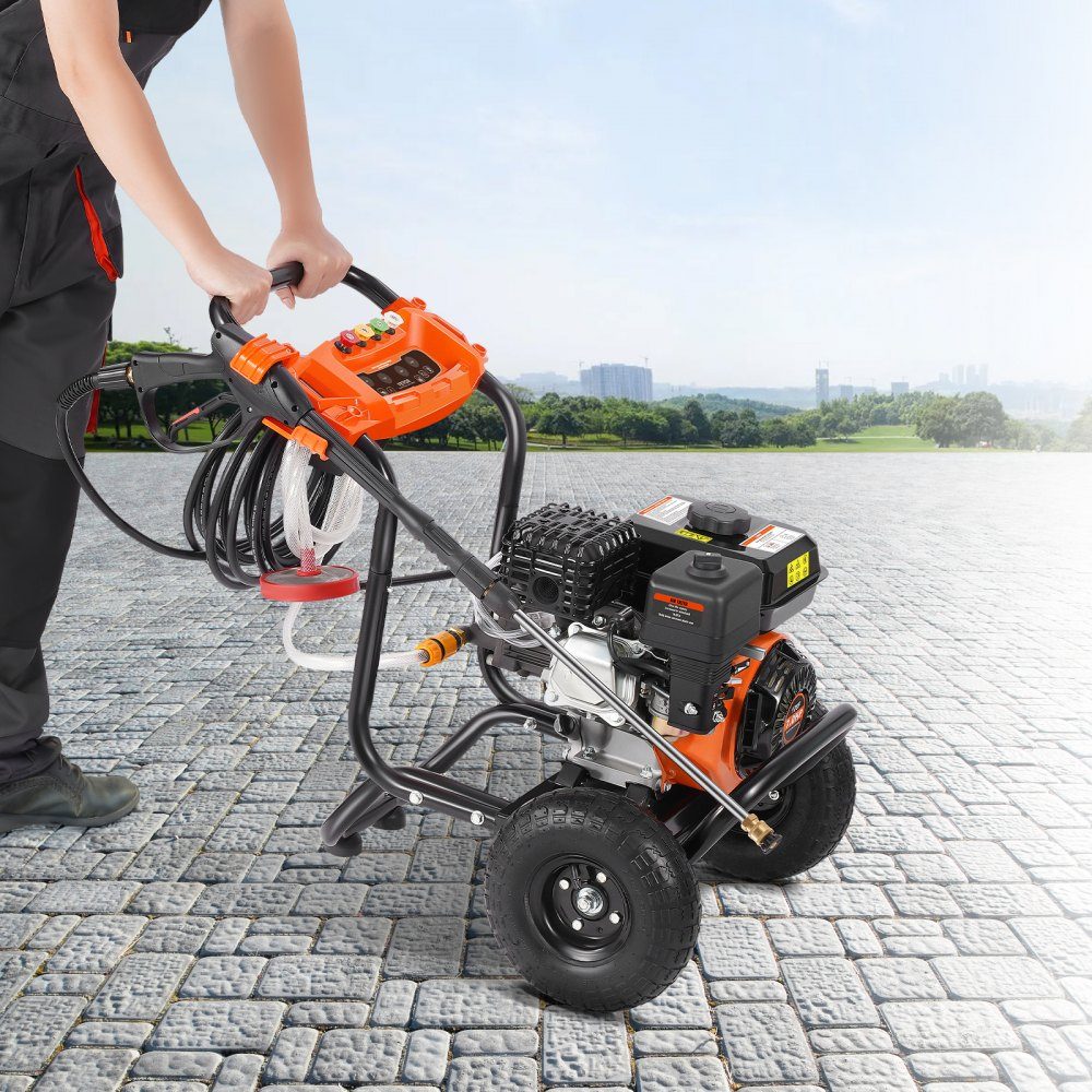 Benzin-Hochdruckreiniger, 3500 PSI 10 l/min, 2,6 GPM Terrassenreiniger mit Aluminiumpumpe, Druckpistole und Verlängerungsstab, 5-Düsen-Set, für Autos, Zäune, Häuser, Einfahrten, Terrassen