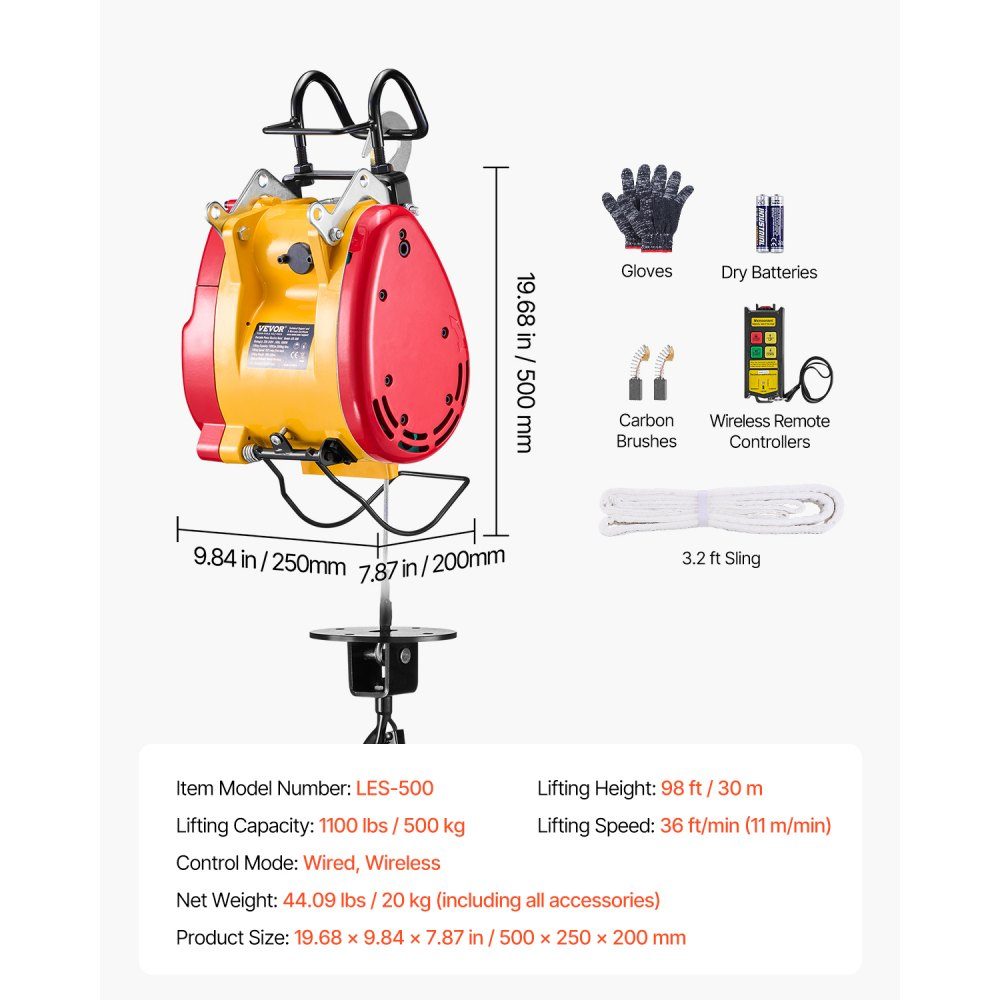2 in 1 Electric Hoist Winch, 500kg Load Capacity, 1800W Portable Winch, 30m Lifting Height, 11m/min with Cable and Wireless Remote Control, for Garage, Warehouse, Factory, Lifting and Towing Work