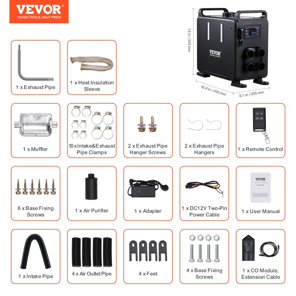 5–8 kW Diesel-Heizung, 12 V/24 V, All-in-One-Diesel-Luftheizung mit Bluetooth-App-Steuerung und Fernbedienung, Bildschirm und CO-Alarm, schnell aufheizende vertikale tragbare Diesel-Heizung