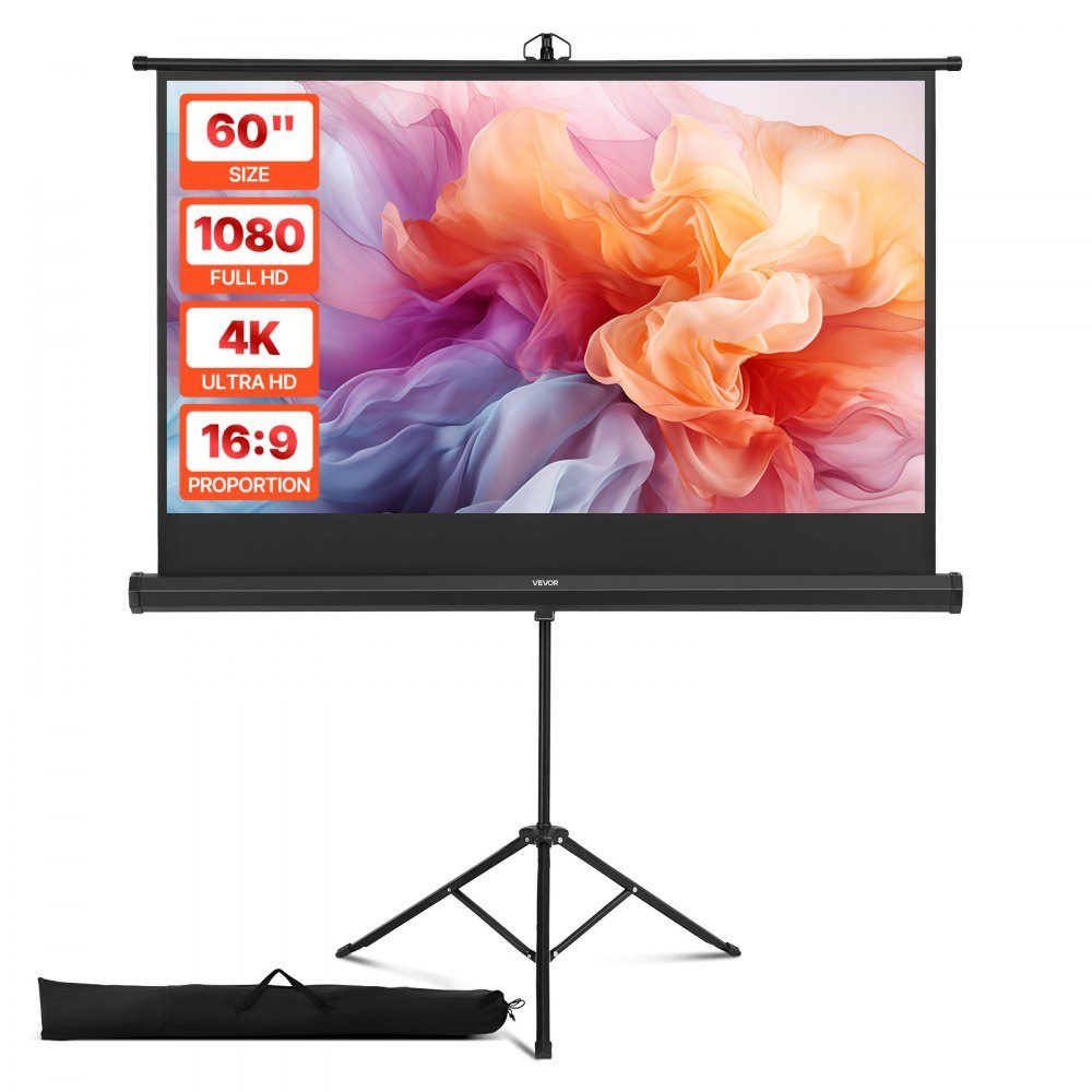 Projection screen tripod screen (60 inches) with 160° wide angle, projector screen for indoor and outdoor projectors 16:9 4K HD, portable film screen with carrying bag for home cinema presentation